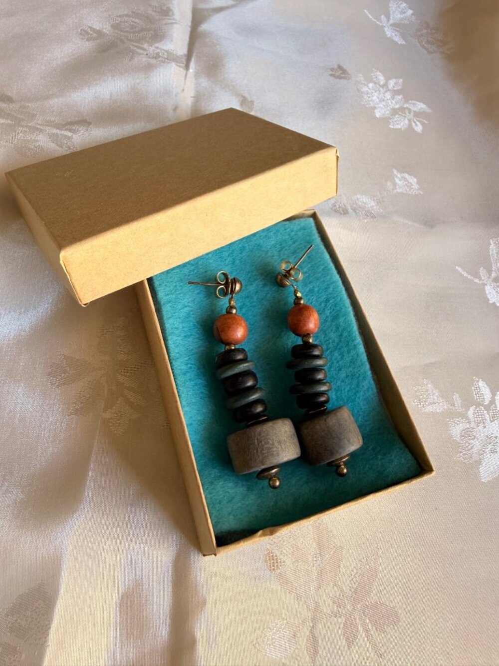 Handmade Shades of Blue & Brown Wood Beaded Dangle/Drop Earrings